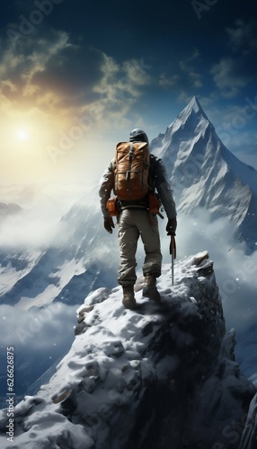 Intrepid Mountaineer Ascent in Snowy Mountain Landscape. Generative ai