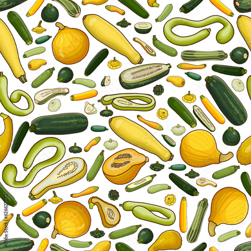 Seamless pattern with different types of of summer squash. Cucurbita. Cucurbitaceae. Fruits and vegetables. Isolated vector illustration. Art.