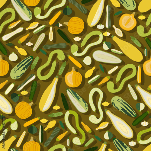 Seamless pattern with different types of of summer squash. Cucurbita. Cucurbitaceae. Fruits and vegetables. Isolated vector illustration. Flat style.