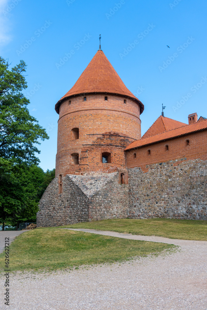 Watchtower of Trakai castle in Lithuania, in a day with blue sky.