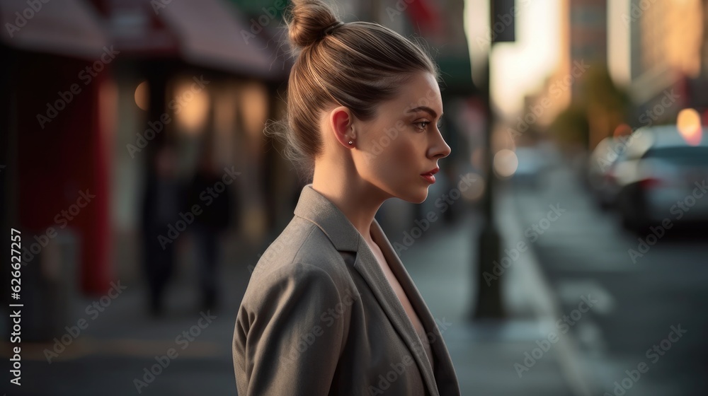 Pretty young woman walking across the street. Stylish woman in a gray coat walks along a busy street.