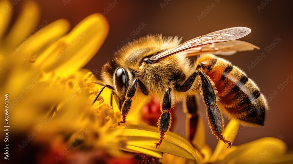 Bee and flower. Close up of a large striped bee collecting pollen on a yellow flower. Summer and spring background. Bee and flower. Close up of a large striped bee collecting pollen on a yellow flower. Summer and spring background.