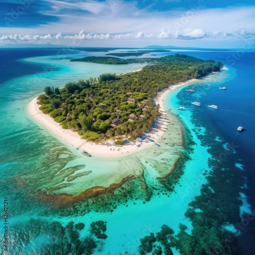 High angle scenic view of island amidst sea. Aerial view of paradise island. 