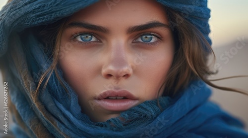 Close up of blue eyes of a girl with face wrapped in a blue scarf. 