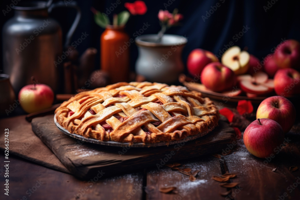 Generated photorealistic rendering of a thin apple pie on a rustic apple table Generated photorealistic rendering of a thin apple pie on a rustic apple table