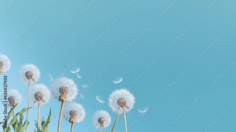 White dandelions on blue background. Beautiful puffy dandelions and flying seeds against blue background