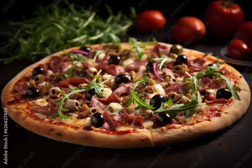 Generated photorealistic image of pizza with meat, olives and arugula