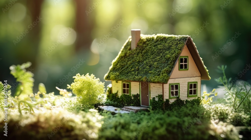 Eco house. Green and environmentally friendly housing concept. Eco house in green environment - wooden home friendly on grass. Eco house. Green and environmentally friendly housing concept. Eco house in green environment - wooden home friendly on grass.