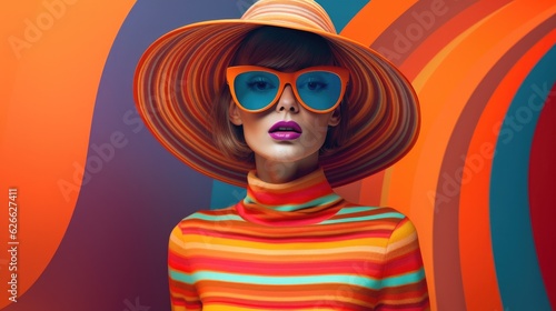 Fashion woman colorful dressed in the latest fashion trends of the time with colorful hat and oversized sunglasses. 