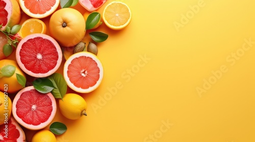 Colorful citrus fruit slices and mint leaves on yellow background. Top view, flat lay