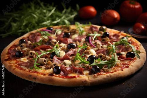 Generated photorealistic image of pizza with meat, olives and arugula