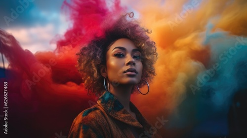 Woman with short brown hair emerging from colourful fluid like smoke. Portrait of a beautiful woman with makeup and colorful splashes. Generative Ai.