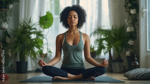 Mental health and meditation for no stress. Healthy serene young woman meditating at home with eyes closed, relaxing body and mind sitting on floor in living room. Generative Ai