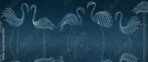 Dark blue art background with white colored flamingo birds hand drawn in line art style. Animal hand drawn wallpaper for decoration, print, banner, interior design, packaging, poster.