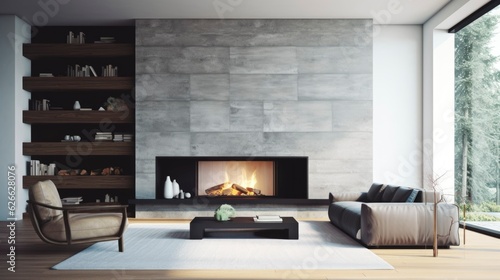 A Photo of Contemporary Fireplace with Minimalist Surrounding. created with Generative AI technology © Rainbow Stock