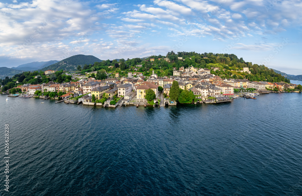 Aerial view of a beautiful village of Orta and its lake
