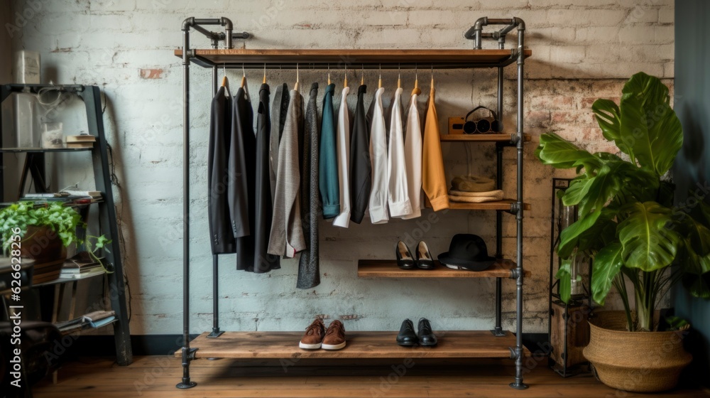A Photo of Industrial Style Clothing Rack with Hanging Space and Shelves. created with Generative AI technology