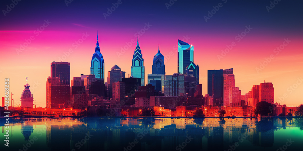 ai generated illustration Futuristic City Skyline with Pink and purple lights