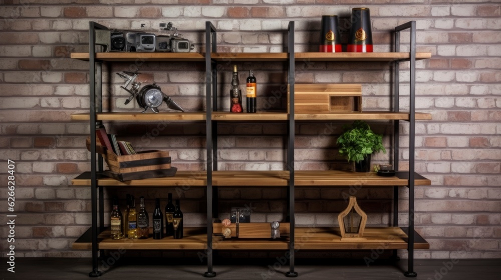 A Photo of Industrial Style Shelving Unit with Open Display. created with Generative AI technology A Photo of Industrial Style Shelving Unit with Open Display. created with Generative AI technology