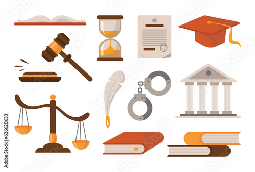 Set court and justice law icons. Services of a lawyer, attorney or notary. Law and protection of business interests in court. Books scales hummer of the judge. Flat vector isolated on white background