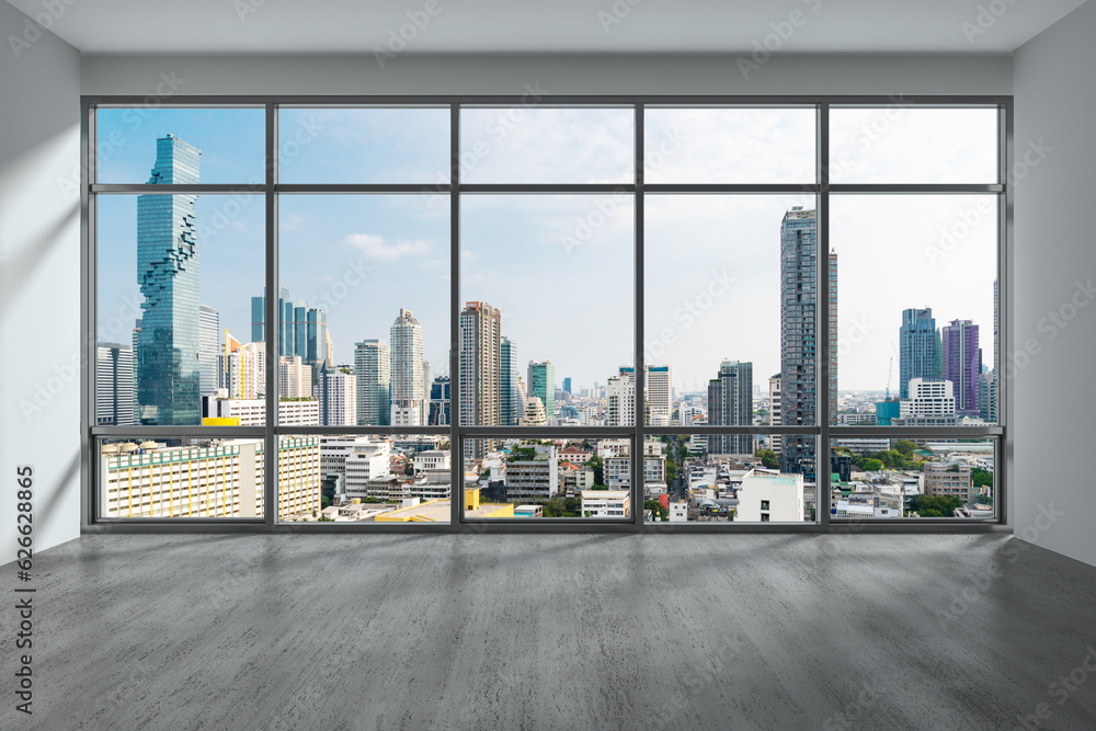 Empty room Interior Skyscrapers View Bangkok. Downtown City Skyline Buildings from High Rise Window. Beautiful Expensive Real Estate overlooking. Day time. 3d rendering. Empty room Interior Skyscrapers View Bangkok. Downtown City Skyline Buildings from High Rise Window. Beautiful Expensive Real Estate overlooking. Day time. 3d rendering.