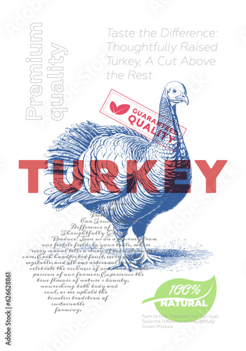 Poultry shop advertising poster with turkey bird vintage sketch. Butchery market retro print. Butcher label creative typography template. Natural farm meat product placard engraving hand drawn artwork