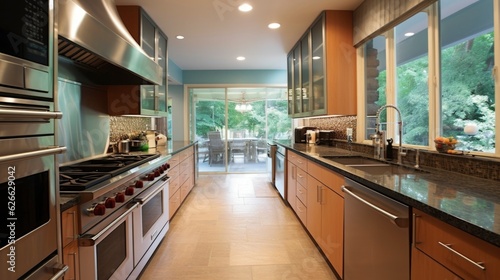 A Photo of Modern Kitchen with Stainless Steel Appliances and Backsplash. created with Generative AI technology
