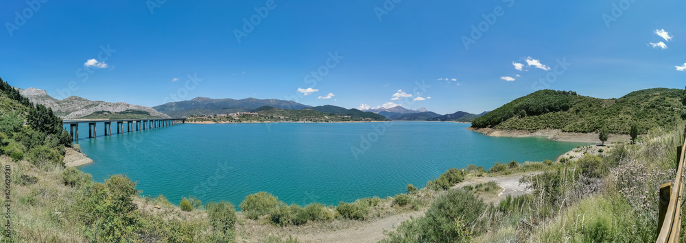 Panoramic view at the Riaño Reservoir, located on Picos de Europa or Peaks of Europe, a mountain range forming part of the Cantabrian Mountains in northern Spain...
