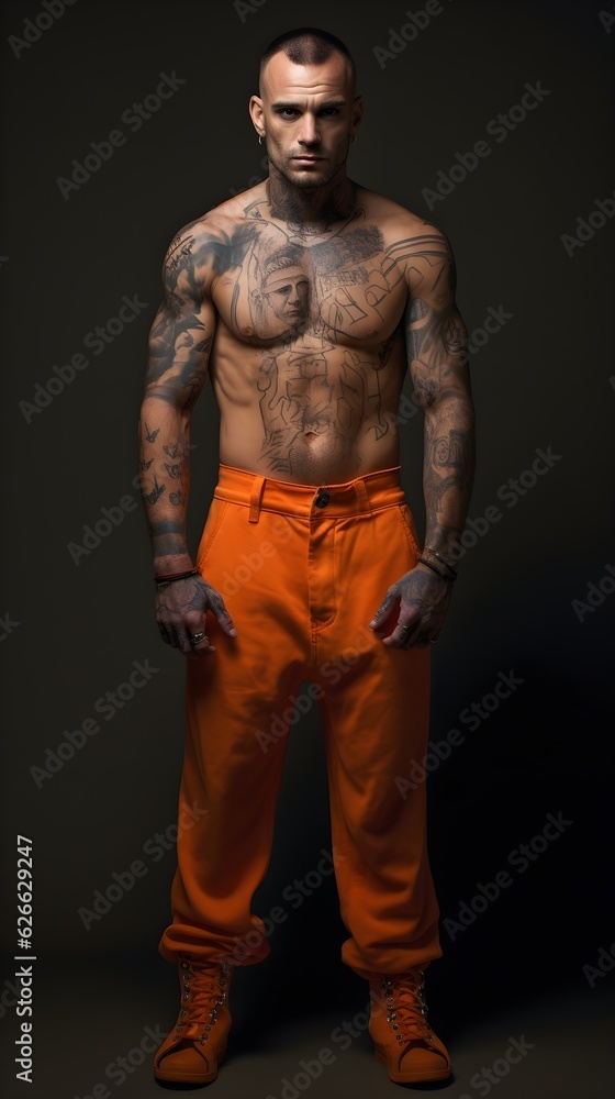 
handsome brutal man with tattoos in orange jumpsuit