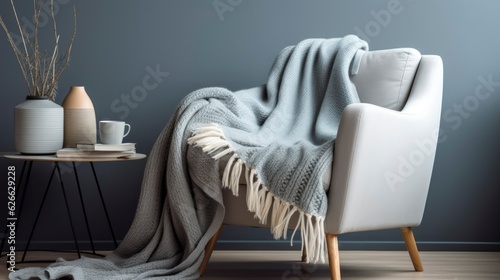 A Photo of Scandinavian Style Armchair with Cozy Blanket, created with Generative AI technology