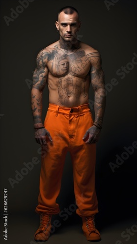  handsome brutal man with tattoos in orange jumpsuit