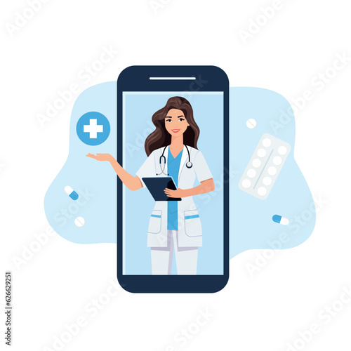 Tele medicine, online doctor and medical consultation concept. Doctor helps a patient on a mobile phone. Flat cartoon style vector illustration.