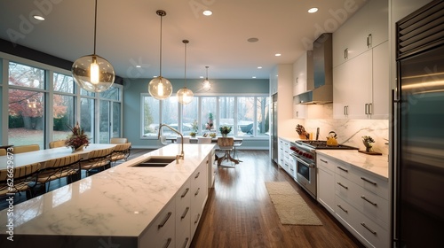 A Photo of Contemporary Kitchen with Sleek White Cabinets and Marble Countertops, created with Generative AI technology