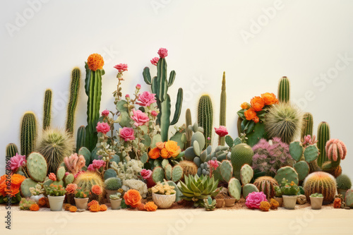 Composition of a variety of flowering cacti on a white wall