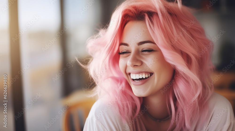 young laughing woman with pastel pink hair, tongue sticking out, blue eyes, peace gestures funny facial expressions young laughing woman with pastel pink hair, tongue sticking out, blue eyes, peace gestures funny facial expressions