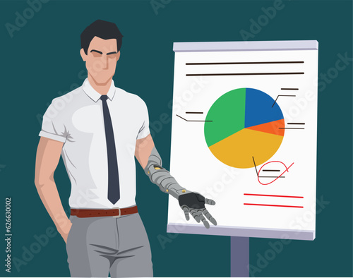 Man in office suit with prosthetic arm showing the diagram on the board