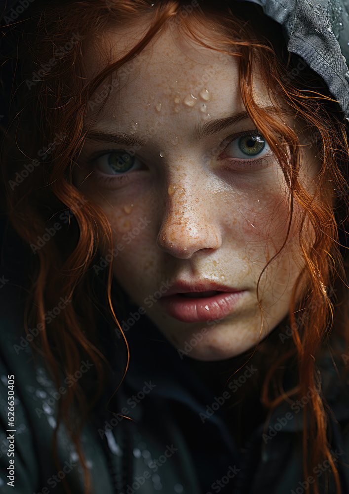 Portrait of a Girl with Red Hair and Freckles-Raining-Sad Look Portrait of a Girl with Red Hair and Freckles-Raining-Sad Look