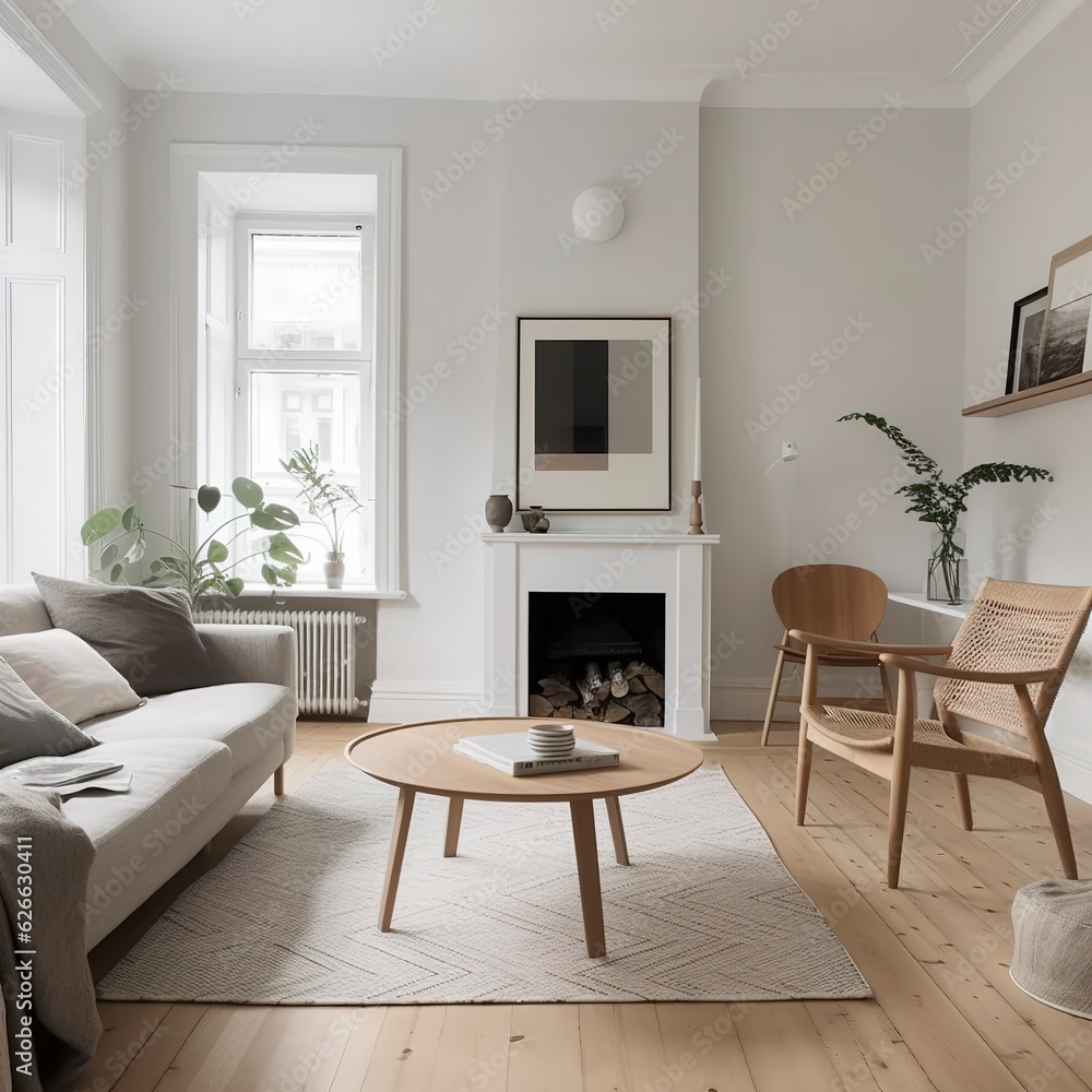 A Photo of Minimalist Scandinavian Style Living Room with Neutral Tones. created with Generative AI technology A Photo of Minimalist Scandinavian Style Living Room with Neutral Tones. created with Generative AI technology