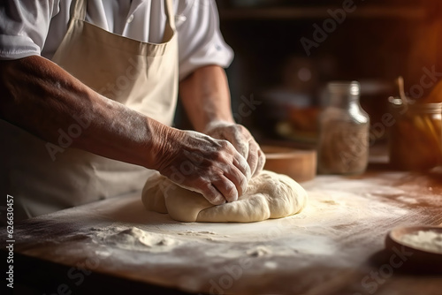 closeup of old man baking bread, ai generated