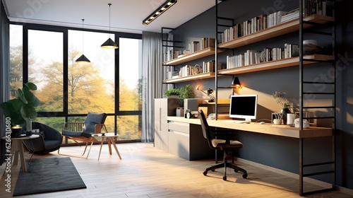 A Photo of Modern Home Office with Ergonomic Desk and Minimalistic Decor. created with Generative AI technology