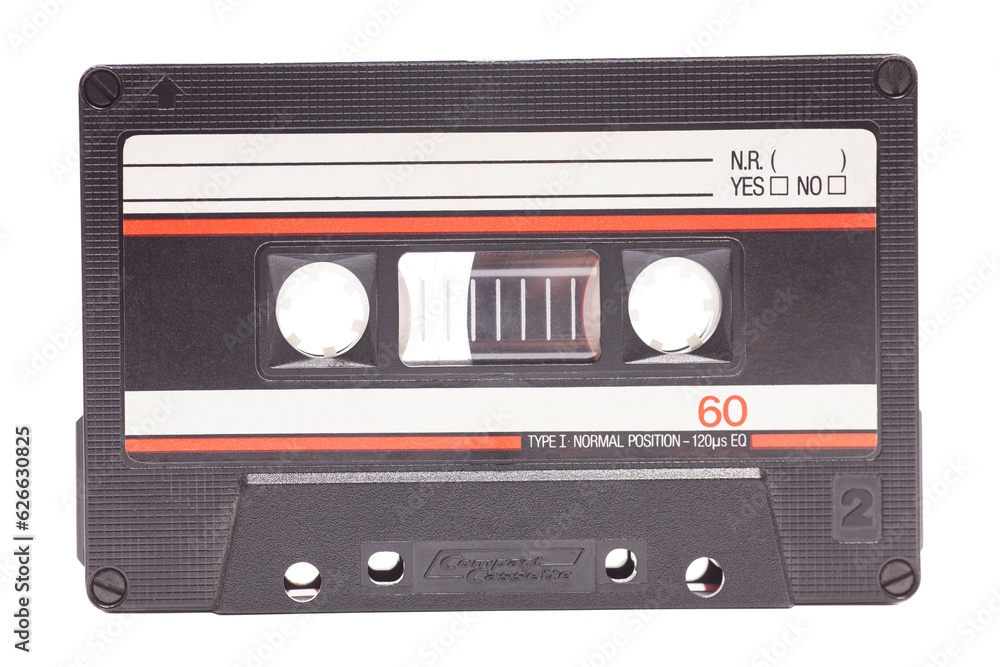 Obraz premium Close up of vintage audio tape cassette isolated on white background, vintage 80's music concept.