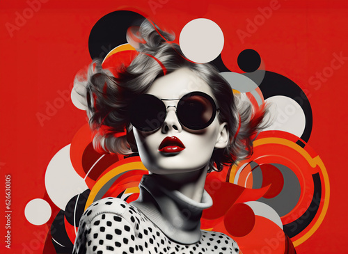Pop collage Illustration of a beautiful female fashion model with sunglasses over scolorful and vibrant patterns and shapes, Fashion, pop art, Generative AI 