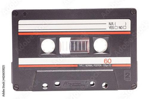 Close up of vintage audio tape cassette isolated on white background, vintage 80's music concept.