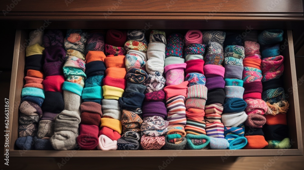 A collection of colorful socks arranged in a drawer. created with Generative AI technology