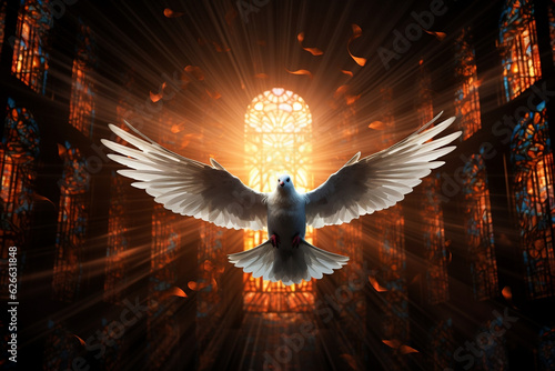 Stained glass dove with rays of light streaming outward across aisle