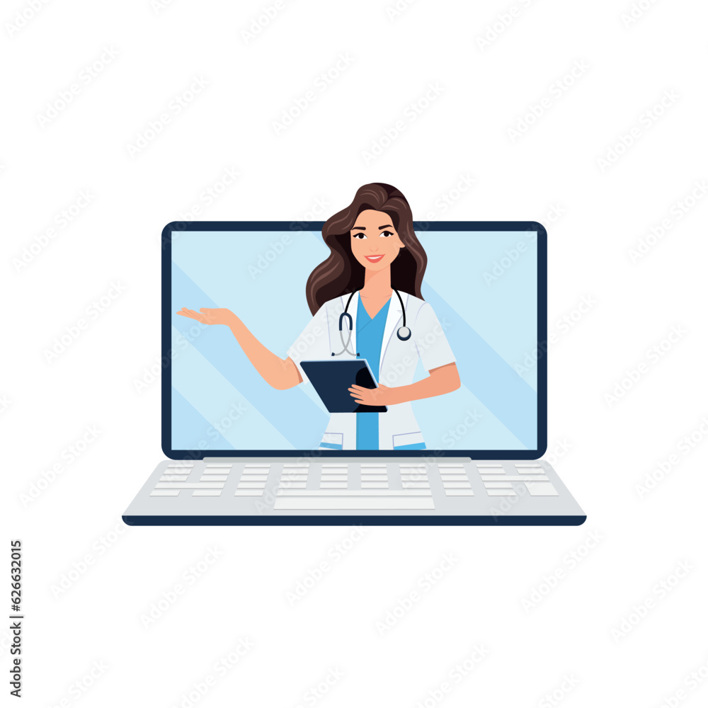 Online medical consultation and support. Online doctor. Healthcare services, Ask a doctor. Family female doctor, therapist with stethoscope on the laptop screen. People Seeking Medical Help Online medical consultation and support. Online doctor. Healthcare services, Ask a doctor. Family female doctor, therapist with stethoscope on the laptop screen. People Seeking Medical Help