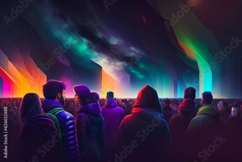 Neon Rush: A Pop Art Exploration of Blue Hour Crowds in Chaotic Colorful Abstraction