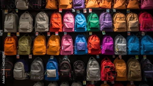 A row of colorful backpacks and bags on a shelf. created with Generative AI technology