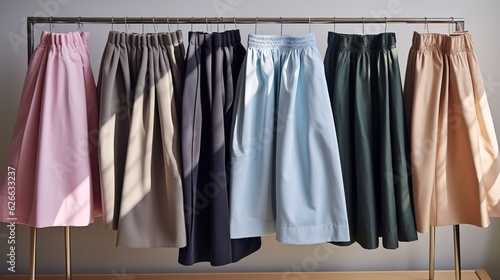A row of neatly arranged skirts and shorts in various lengths. created with Generative AI technology