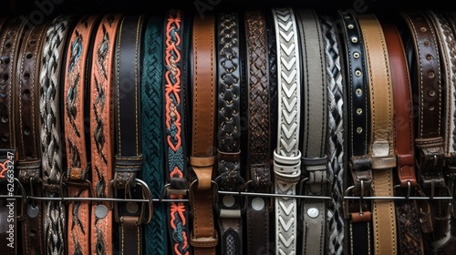 A row of neatly arranged belts of different styles and colors. created with Generative AI technology